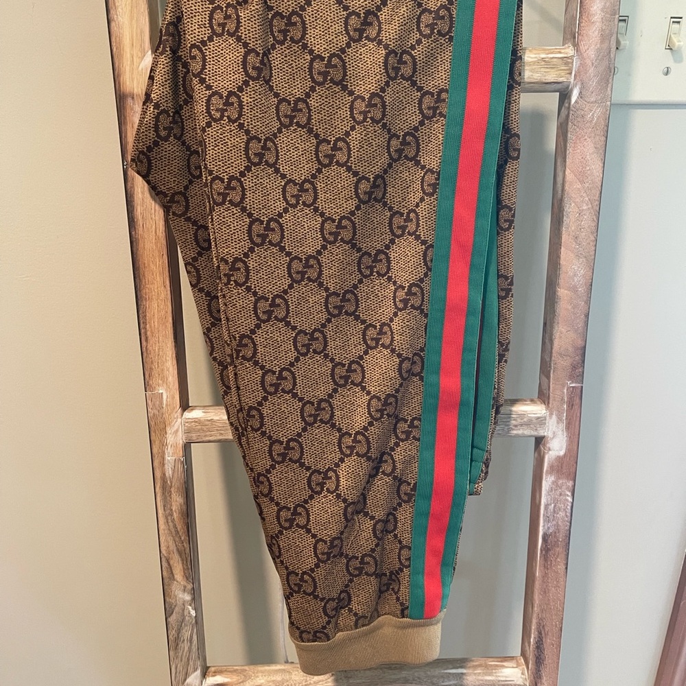 Gucci Beige Monogram Pants with Green and Red Stripe